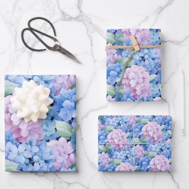 Elegantes Blau und rosa Hydrangea Geschenkpapier Set (Vorderseite)