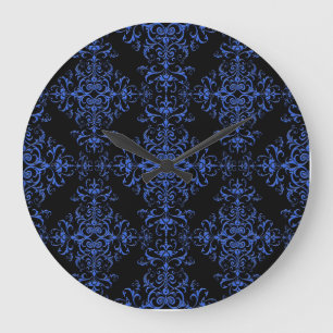 Elegantes Blau- und Schwarz-Blumen-Damask-Muster Große Wanduhr
