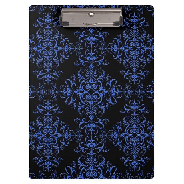 Elegantes Blau- und Schwarz-Damaskus-Stilmuster Klemmbrett (Vorderseite)