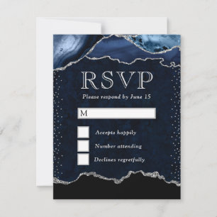 Elegantes Blau und Silber Glitter-Marmor-Achat RSVP Karte