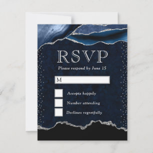 Elegantes Blau- und Silber-Glitter-Marmor-Achat RSVP Karte