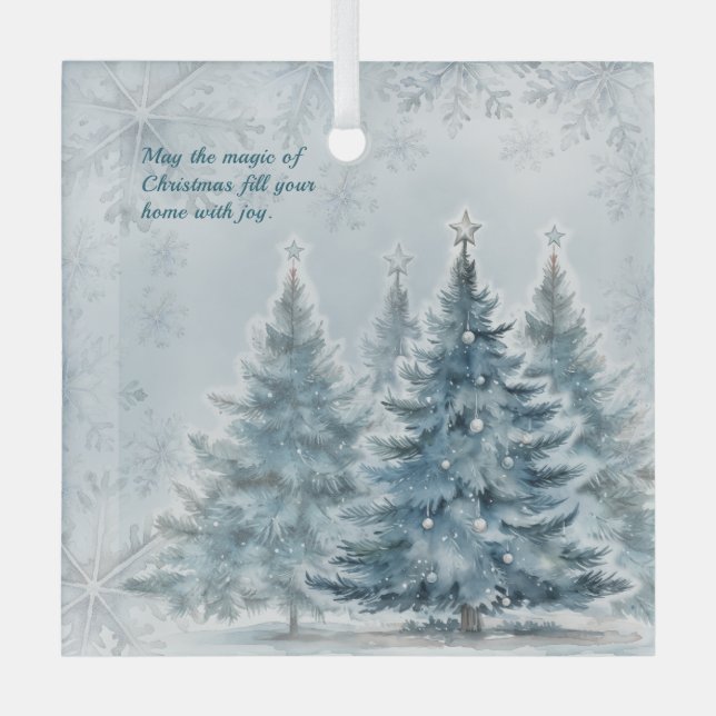 Elegantes Blau und Silber Winterwunderland Ornament Aus Glas (Vorderseite)