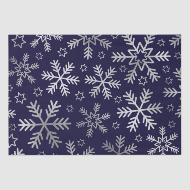 Elegantes Blau und Silberschneeflocken Weihnachten Seidenpapier (Vorderseite)