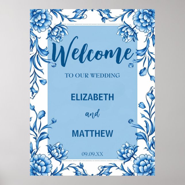 Elegantes Blau und Weiß Chinoiserie Antique Weddin Poster (Vorne)