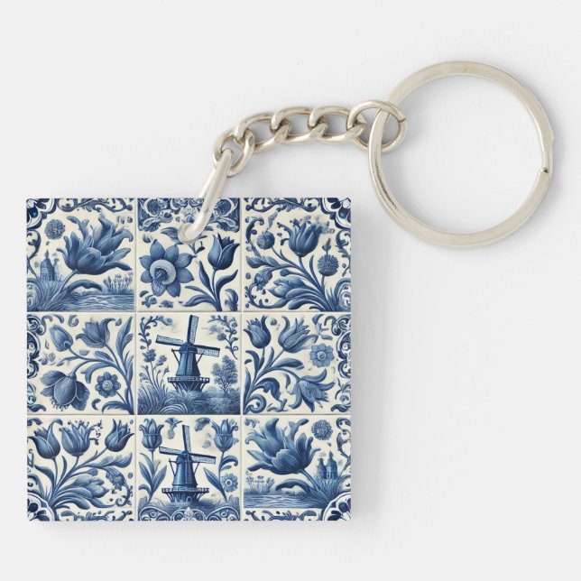 Elegantes Blau und Weiß Delft Tile Schlüsselanhänger (Rückseite)