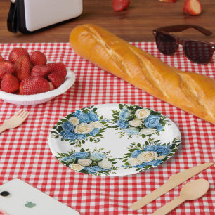 Elegantes Blau und Weiße Blüte Pappteller