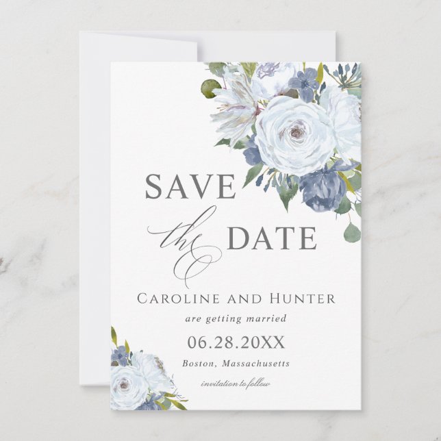 Elegantes Blau und Weiße Blüten Save the Date (Vorderseite)