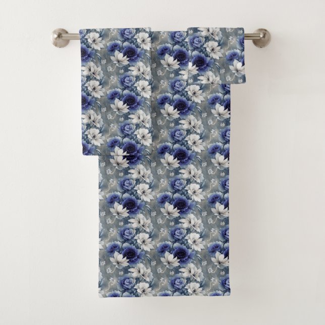 Elegantes Blau und Weiße Rosen und Lilien Badhandtuch Set (Insitu)