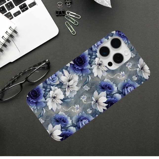 Elegantes Blau und Weiße Rosen und Lilien Case-Mate iPhone Hülle (Von Creator hochgeladen)