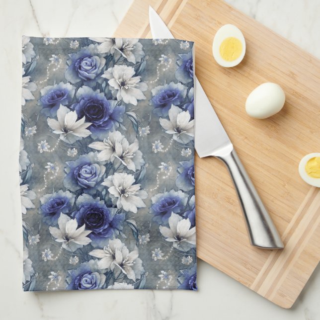 Elegantes Blau und Weiße Rosen und Lilien Geschirrtuch (Viertel Falte)