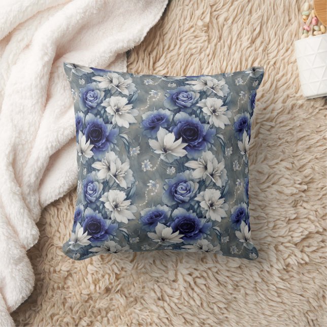 Elegantes Blau und Weiße Rosen und Lilien Kissen (Decke)