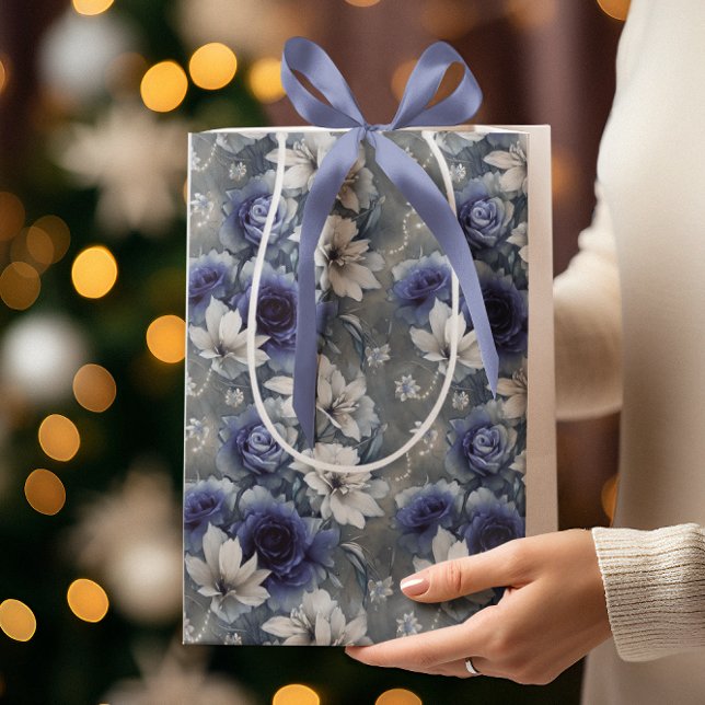 Elegantes Blau und Weiße Rosen und Lilien Mittlere Geschenktüte (Von Creator hochgeladen)