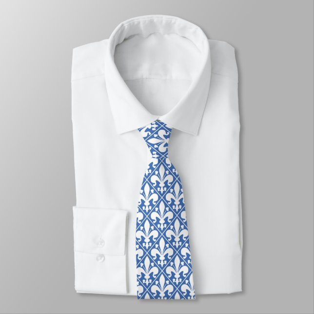 Elegantes Blau und White Fleur de Lys French Krawatte (Gebunden)