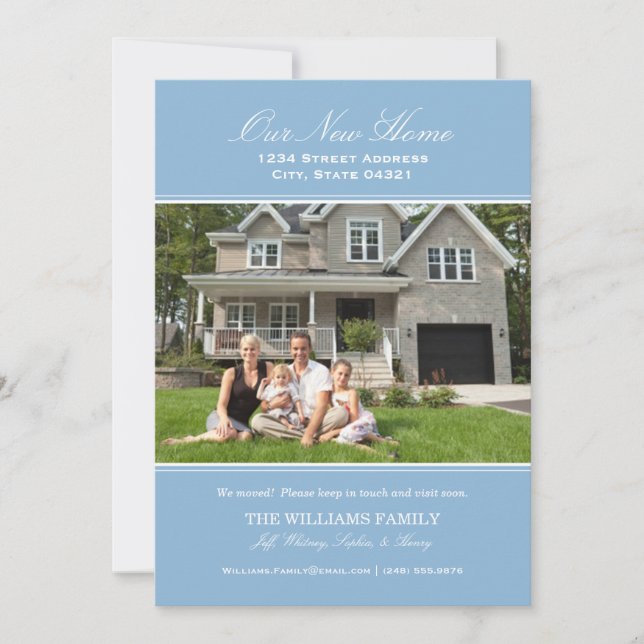 Elegantes Blau Unser neues Zuhause Foto Moving Ankündigung (Vorderseite)