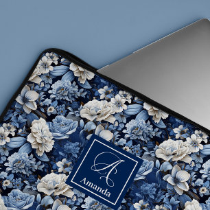 Elegantes Blau-Weiß-Blumen-Laptop-Hülle-Etuis Laptopschutzhülle
