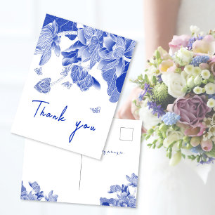 Elegantes Blau-Weiß-Chinoiserie-Blumen-Dankeschön Postkarte