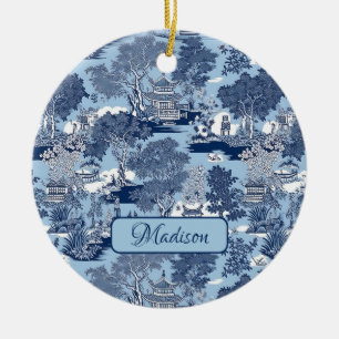 Elegantes Blau-Weiß-Chinoiserie-Weide Keramik Ornament