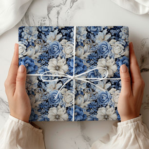 Elegantes Blau Weiß Elfenbein Blumen Modernes Gesc Geschenkpapier