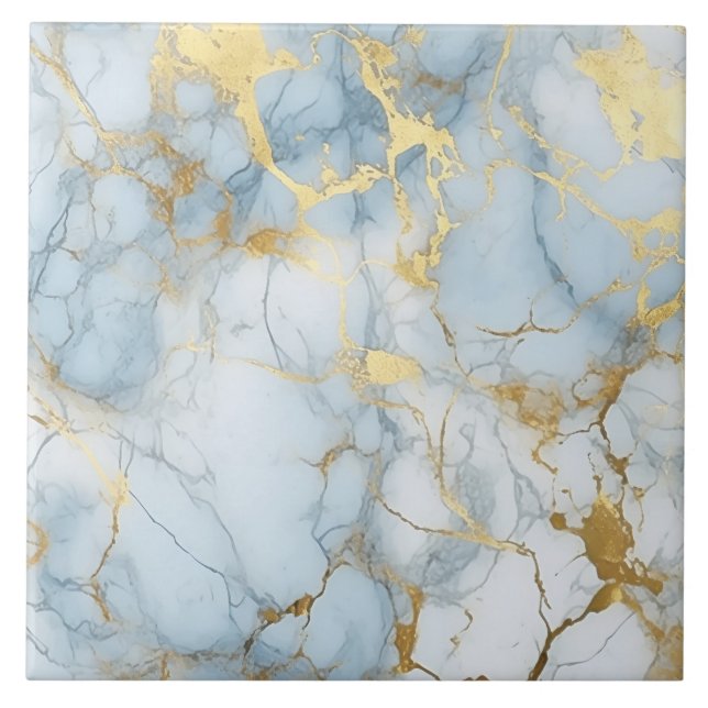 Elegantes Blau-Weiß-Gold-Marmor-Muster  Fliese (Vorderseite)