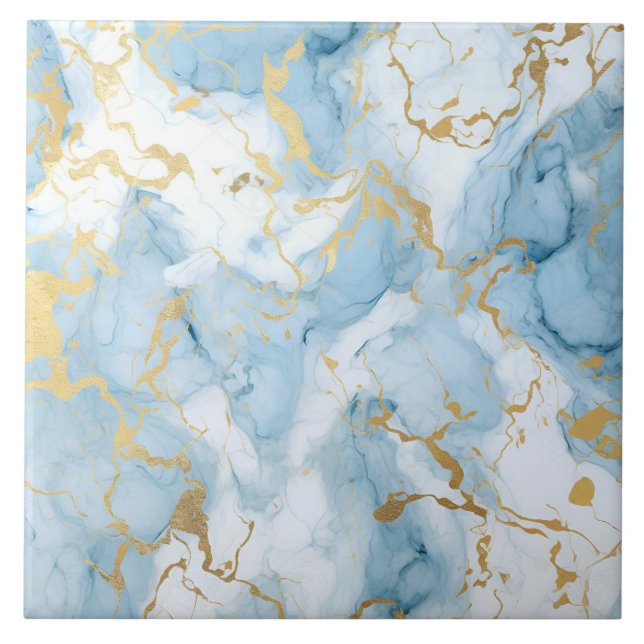 Elegantes Blau-Weiß-Goldmarmor-Muster  Fliese (Vorderseite)