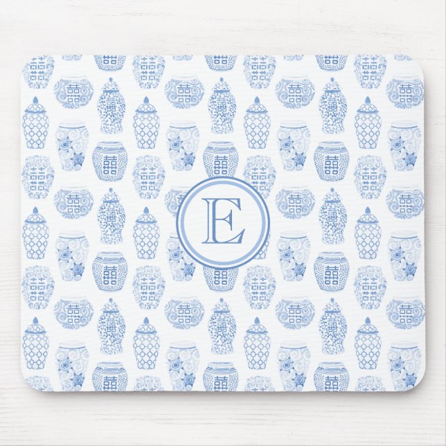 Elegantes Blau-Weiß-Ingwer-Jar-Monogramm Mousepad (Vorne)