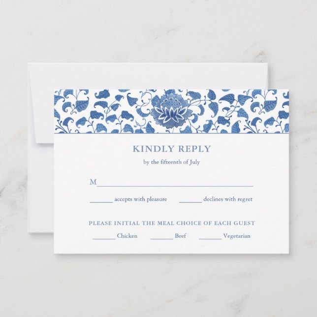 Elegantes Blau-Weiß-Menü Optionen Hochzeit RSVP Karte (Rückseite)