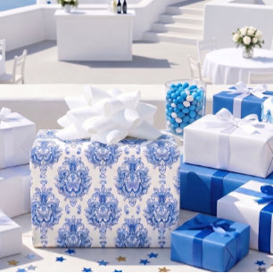 Elegantes Blau-Weiß-Mittelmeer-Damaskus-Muster Geschenkpapier