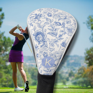 Elegantes Blau-Weiß-Toile-Blumenmuster-Monogramm Golf Headcover