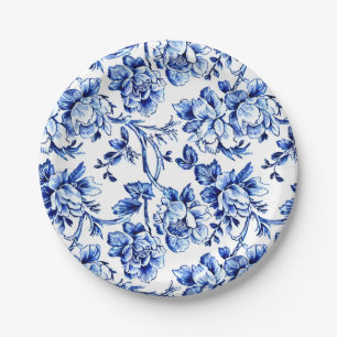 Elegantes Blau-Weiß-Toile-Blumenmuster Pappteller