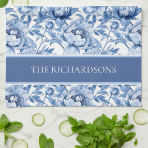 Elegantes blau-weißes Chinoiserie-Blumenmuster Geschirrtuch