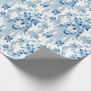 Elegantes Blau-Weißes Französisches Rokoko-Blumenm Geschenkpapier