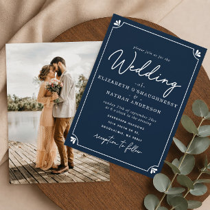 Elegantes blau-weißes Hochzeitsfoto mit Schriftzug Einladung