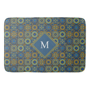 Elegantes blau-weißes marokkanisches Monogramm nac Badematte