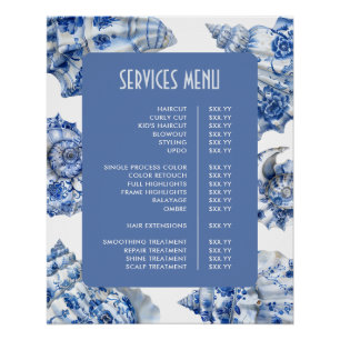 Elegantes Blaue Meeresmuschel-Service-Menü Poster