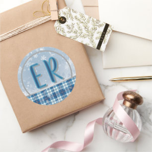 Elegantes blaue Weihnachts-Etiketten mit Monogramm Runder Aufkleber