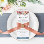 Elegantes blaues Ätheral, Blumenmenü Menükarte<br><div class="desc">Freuen Sie sich auf diese exquisite Menükarte. Einzigartiges Design mit vorn bemalten Aquarellbändern mit Blume und Blattwerk in rot, staubige Rose, Elfenbein, Pfirsich, trübes Schieferblau, Grau und Salbei. Auf der Rückseite ein exquisites Blumenstrauß mit Zentralbereich mit Ihrem Namen oder kurzer Nachricht und Hintergrund über einen eleganten Schiefertafel/trüben staubigen blauen Schatten....</div>