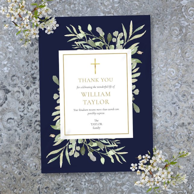 Elegantes Blaues Beerdigungsgeplänkel-Gold-Kreuz Dankeskarte (Elegant Navy Blue Funeral Memorial Gold Cross Thank You Card)