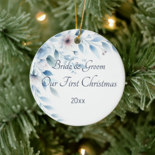 Elegantes blaues Blumen-Hochzeits-Weihnachten Keramik Ornament