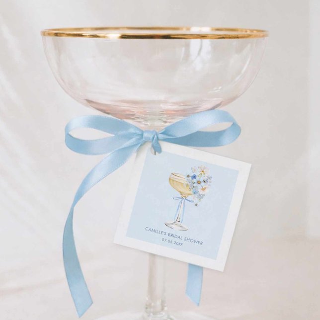 Elegantes blaues Blumen-Hochzeitsbrunch-Quadrat-Et Geschenkanhänger (Blue Bubbly Bridal Shower Favor Tag)