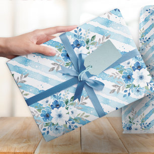 Elegantes blaues Blumen-Wasserfarbmuster Geschenkpapier