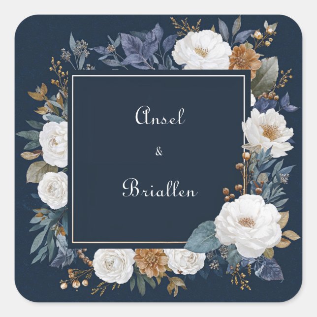 Elegantes blaues Blumendesign mit weißen Rosen Quadratischer Aufkleber (Vorderseite)