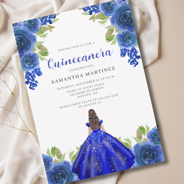 Elegantes blaues Blumenkleid Quinceañera Einladung (Von Creator hochgeladen)