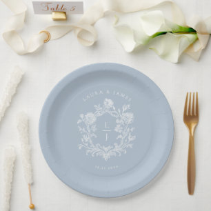 Elegantes blaues Blumenwappen-Monogramm Hochzeit Pappteller