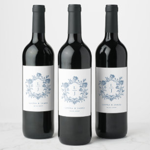 Elegantes blaues Blumenwappen-Monogramm Hochzeit Weinetikett