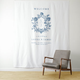 Elegantes blaues Blumenwappen Monogramm Hochzeitsb Wandteppich