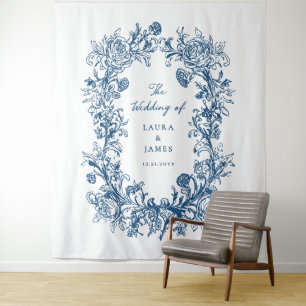 Elegantes blaues Blumenwappen Monogramm Hochzeitsb Wandteppich