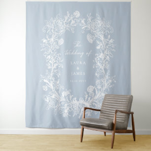 Elegantes blaues Blumenwappen Monogramm Hochzeitsb Wandteppich
