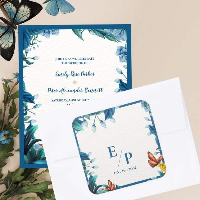 Elegantes blaues botanisches Schmetterlings-Monogr Quadratischer Aufkleber (Elegant Blue Botanical Butterfly Monogram Wedding Square Sticker)