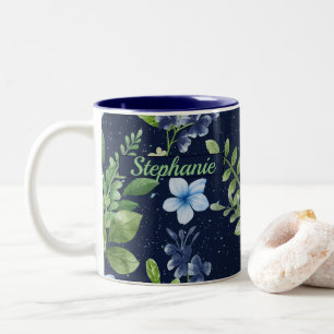 Elegantes blaues Botanisches Wasserfarbenmuster Zweifarbige Tasse
