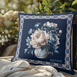 Elegantes blaues Chinoiserie-Blumenmonogramm Kissen